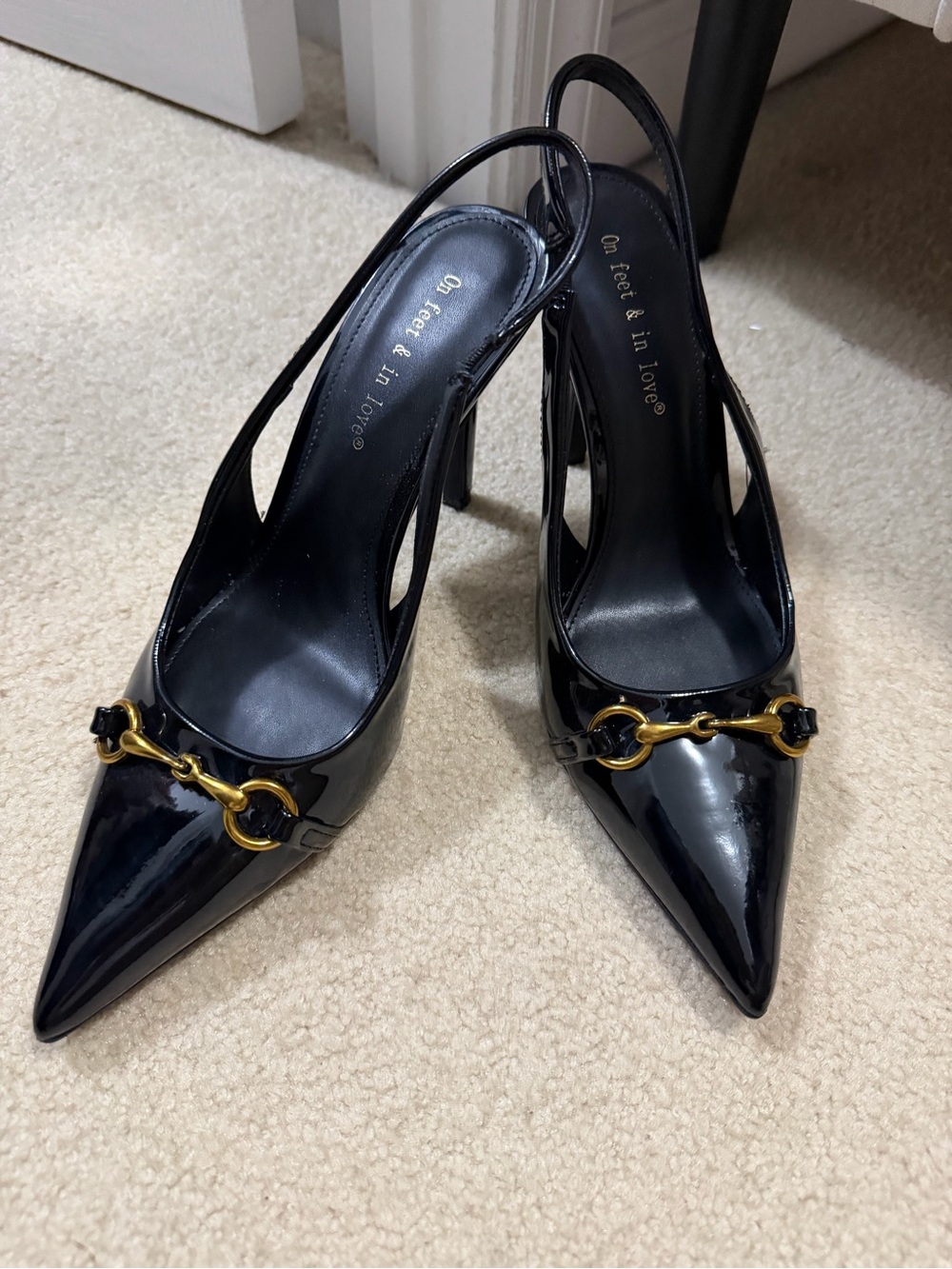 Black Patent Gucci-Like Horsebit Slingback Pumps Sz 8.5